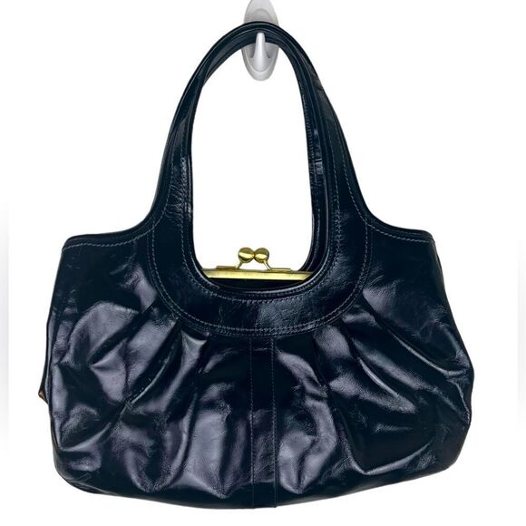 Vintage Pristine Coach Ergo Pleated Frame Kiss Lock Blk Patent Leather Satchel - Picture 1 of 12